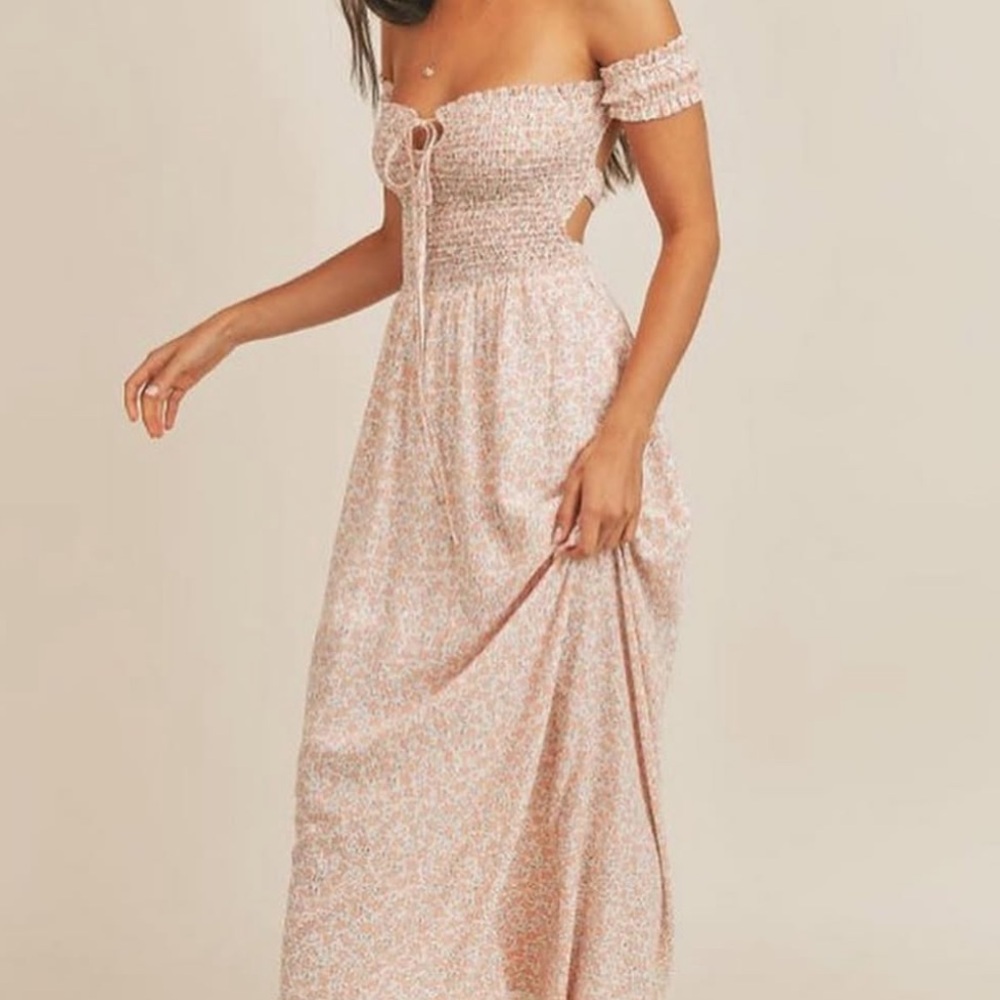Sadie and Sage Smocked Floral Dress Off the Shoulder Maxi Dress Pink Flowy